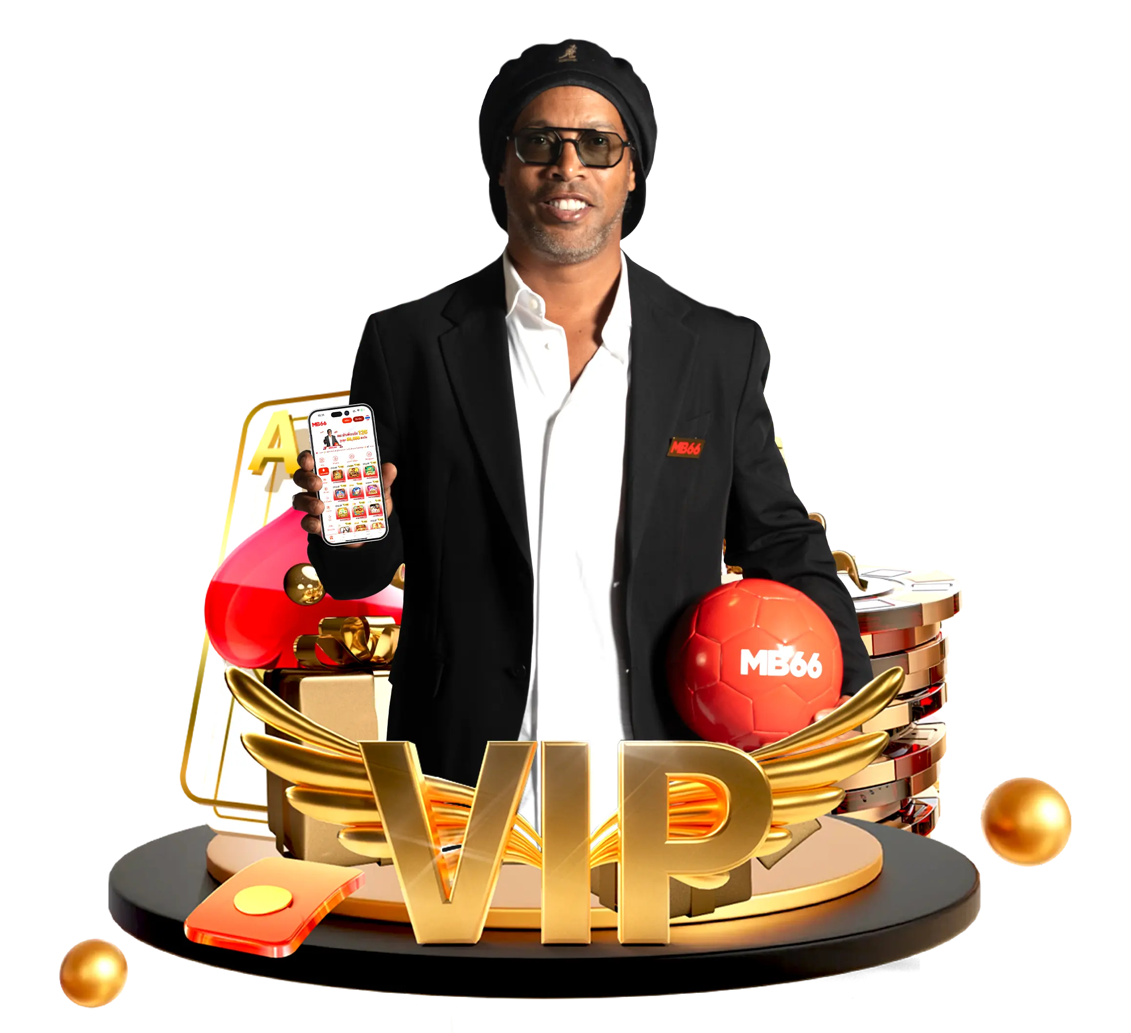 Ronaldinho holding phone with MB66 logo and VIP gold emblem